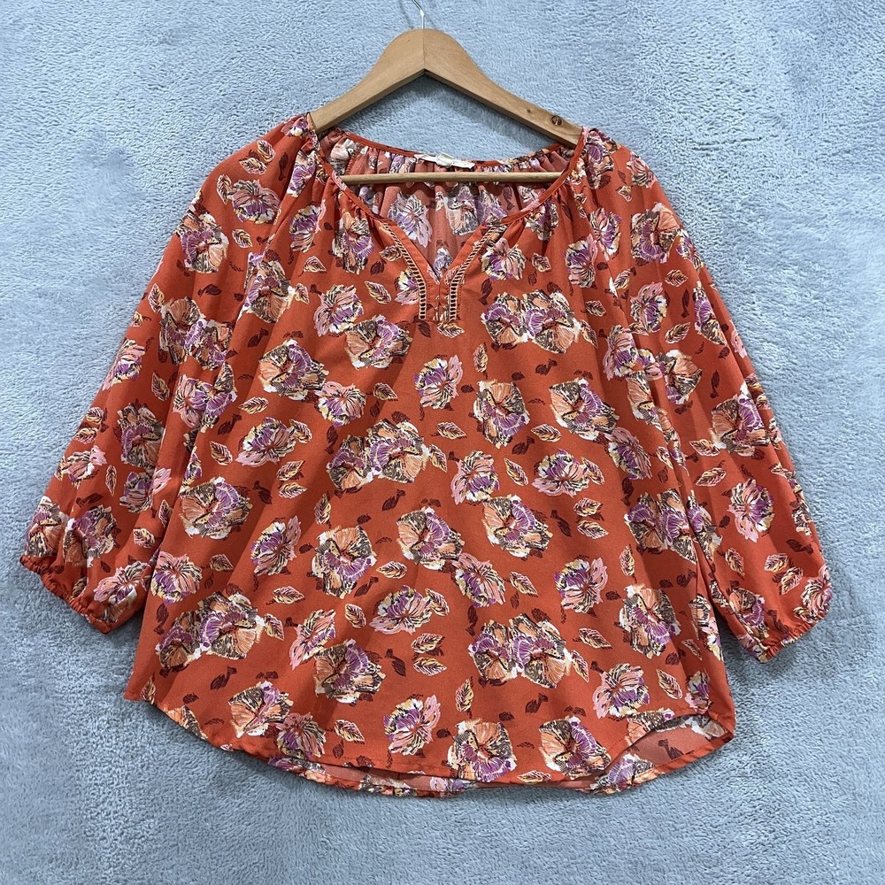 fun2fun top Womens Medium Floral 3/4 Sleeve V neck Boho Hippie Office